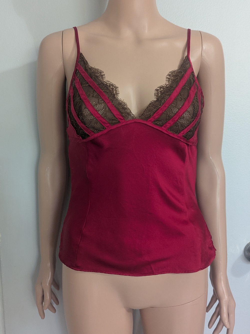 Real Silk Red Cami w/ Adjustable Straps & Lace Trim